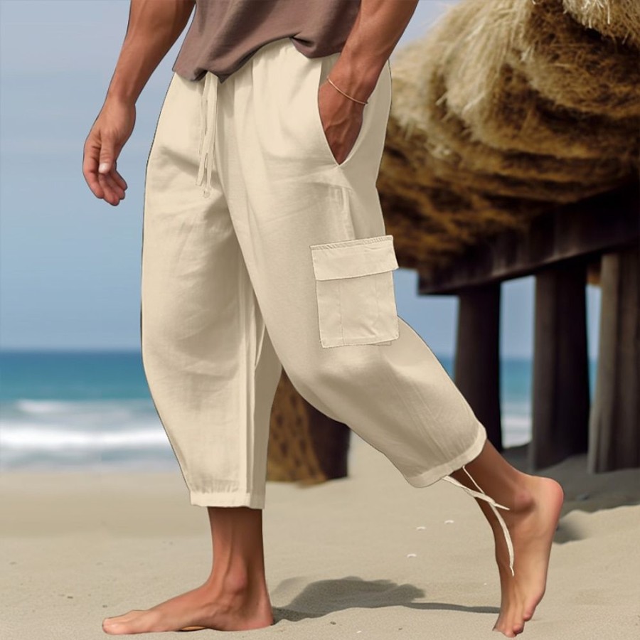 Boutique De Linge LITB | Homme Pantalon En Lin Pantalon Ete Pantalon De Plage Cordon Taille Elastique Plein Confort Respirable Casual Du Quotidien Vacances Melange De Lin & Coton Mode Style Classique