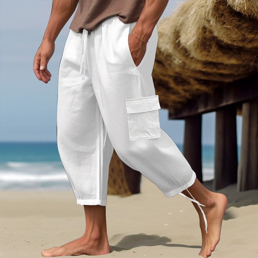 Boutique De Linge LITB | Homme Pantalon En Lin Pantalon Ete Pantalon De Plage Cordon Taille Elastique Plein Confort Respirable Casual Du Quotidien Vacances Melange De Lin & Coton Mode Style Classique