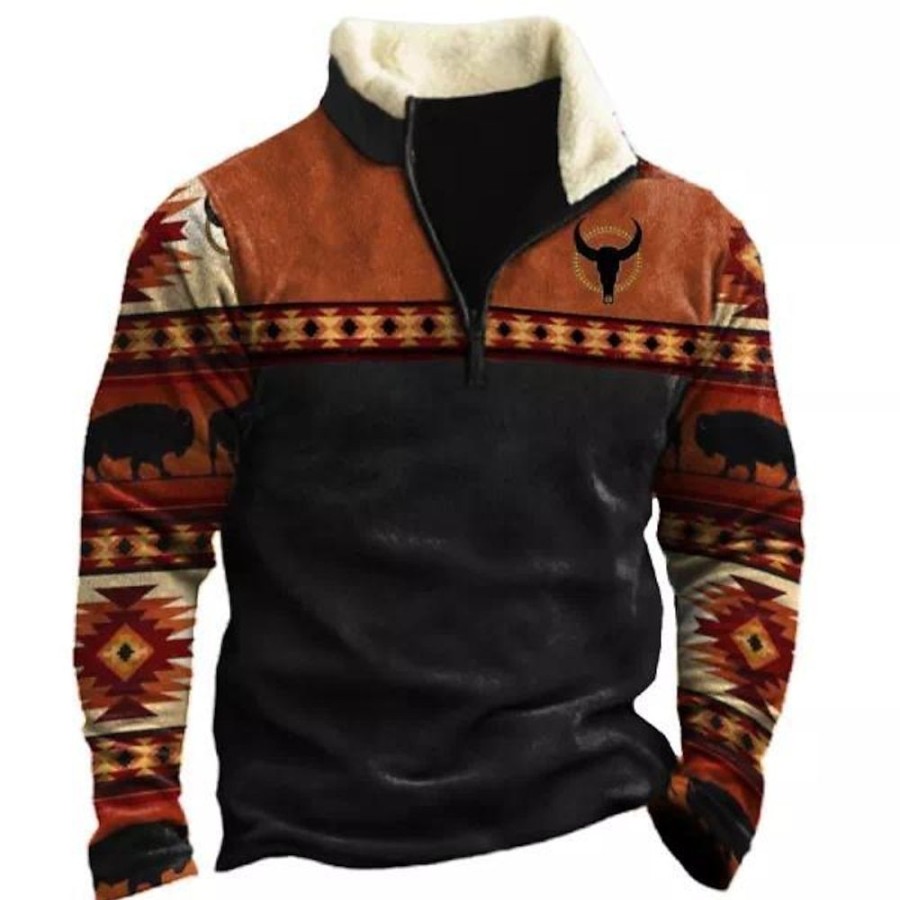 Sweats A Capuche Et Sweat-Shirts LITB | Homme Sweat Zippe Sweat Demi Fermeture Eclair Graphic Tribal Imprimer Sport & Loisir Casual Du Quotidien 3D Effet Polaire Vetement De Rue Design Polaire Fine Automne Hiver Vetement Tenue Pulls Orange