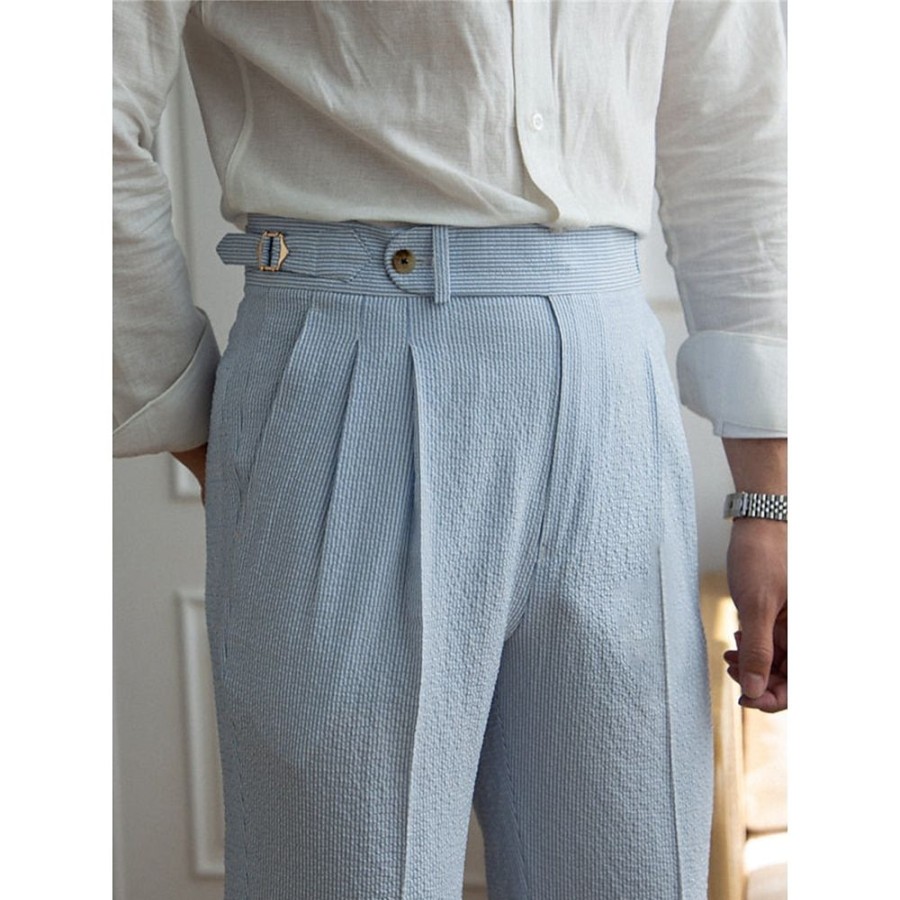 Bas Pour Hommes LITB | Homme Pantalon De Costume Pantalon Pantalon Plisse Pantalon De Costume Pantalon En Seersucker Bouton Poche Avant Jambe Droite Mariniere Confort Entreprise Du Quotidien Vacances Mode Chic Et Moderne Bleu