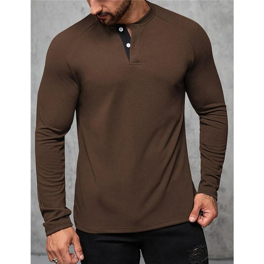 T-Shirts Et Debardeurs Pour Hommes LITB | Homme T Shirt Tee Chemise Henley Gaufree T-Shirt Chemise A Manches Longues Plein Henley Plein Air Vacances Manche Longue Vetement Tenue Mode Design Basique Marron