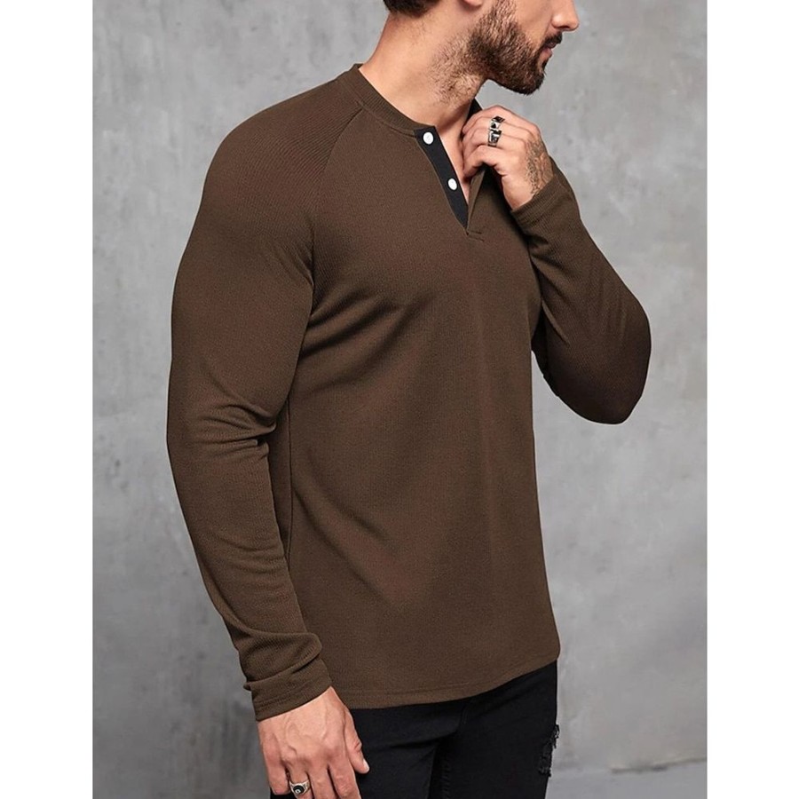 T-Shirts Et Debardeurs Pour Hommes LITB | Homme T Shirt Tee Chemise Henley Gaufree T-Shirt Chemise A Manches Longues Plein Henley Plein Air Vacances Manche Longue Vetement Tenue Mode Design Basique Marron