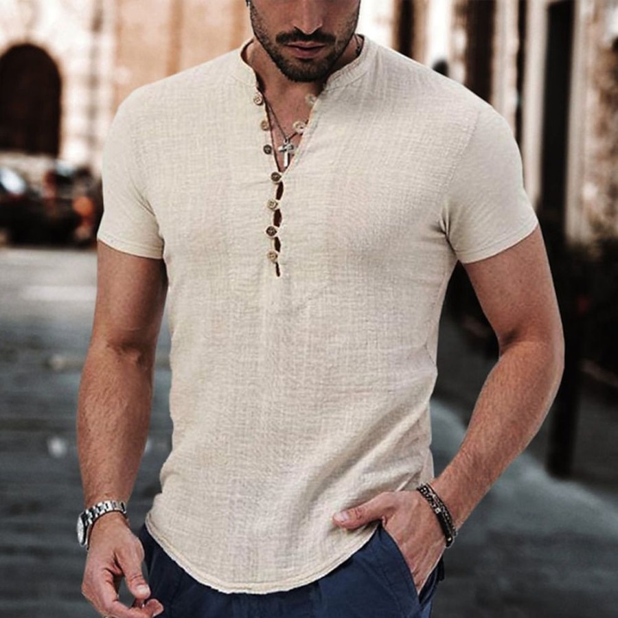 Boutique De Linge LITB | Homme Chemise Lin Chemise Decontractee Chemisette Chemise D Ete Chemise Henley Shirt Manche Courte Plein Col V Ete Casual Du Quotidien Vetement Tenue