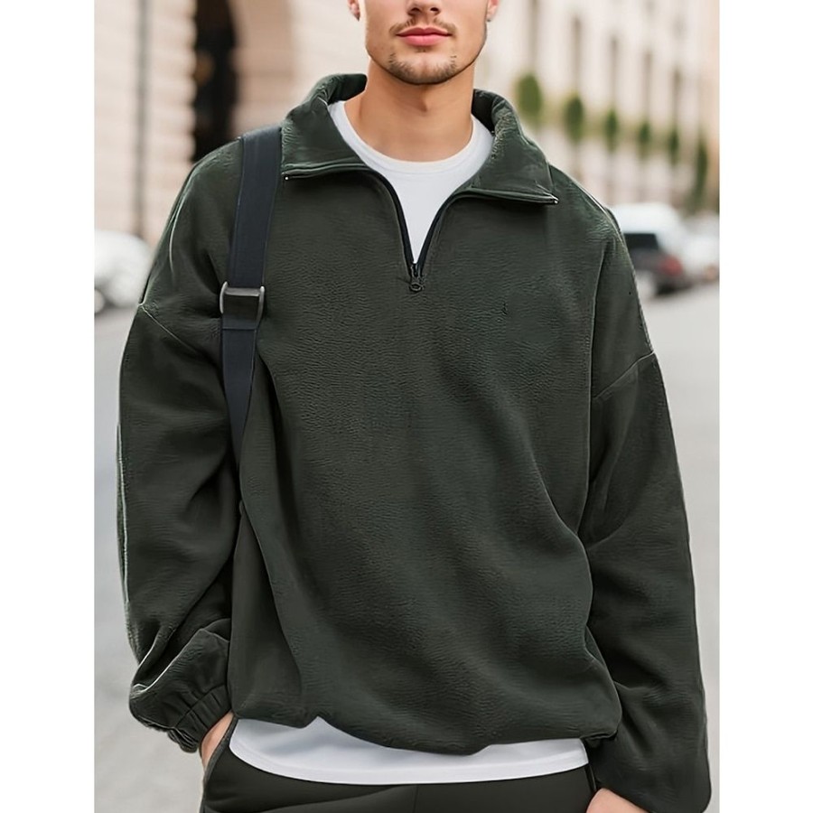 Sweats A Capuche Et Sweat-Shirts LITB | Homme Sweat Shirt Laine Polaire Sweat-Shirt Quart De Fermeture Eclair Demi Fermeture Eclair Plein Sport & Loisir Du Quotidien Vacances Vetement De Rue Decontractees Polaire Fine Automne Vert Fonce