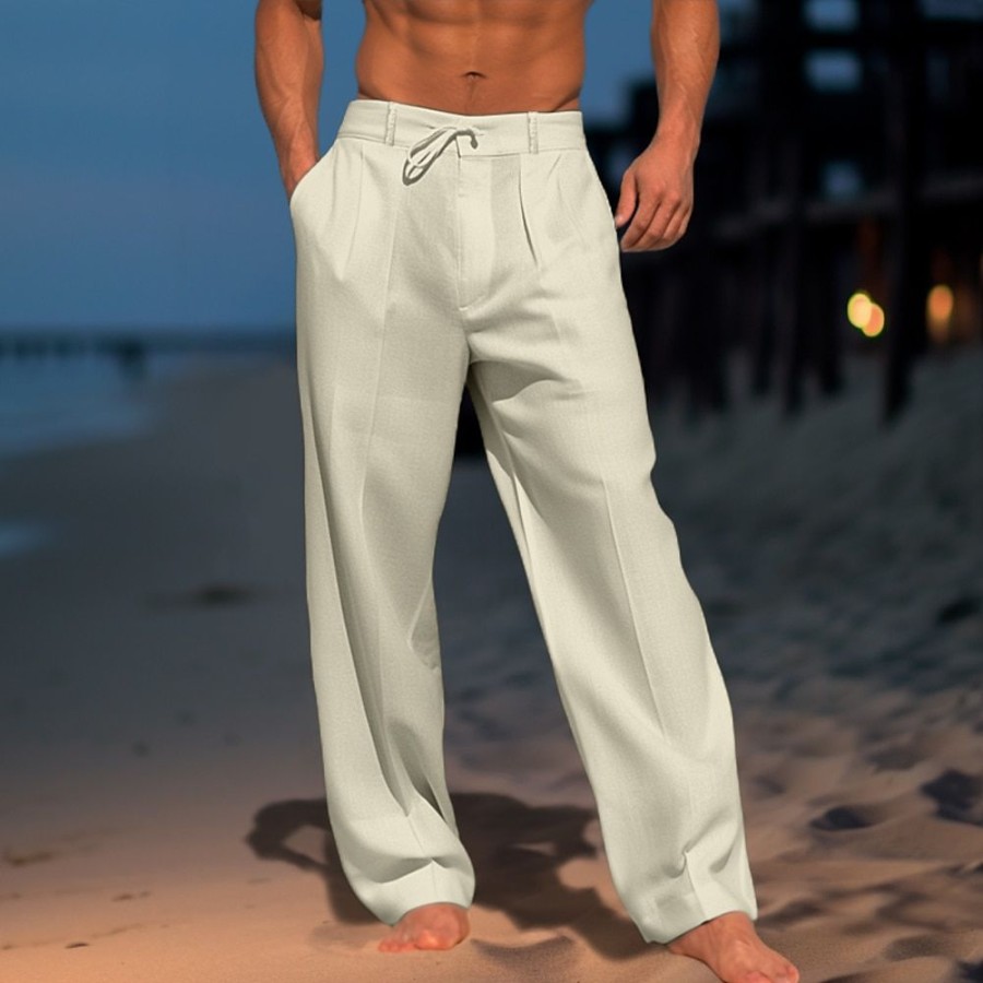 Bas Pour Hommes LITB | Homme Pantalon En Lin Pantalon Pantalon Ete Pantalon De Plage Cordon Taille Elastique Pli Plein Confort Respirable Casual Du Quotidien Vacances Melange De Lin & Coton Mode Style Classique