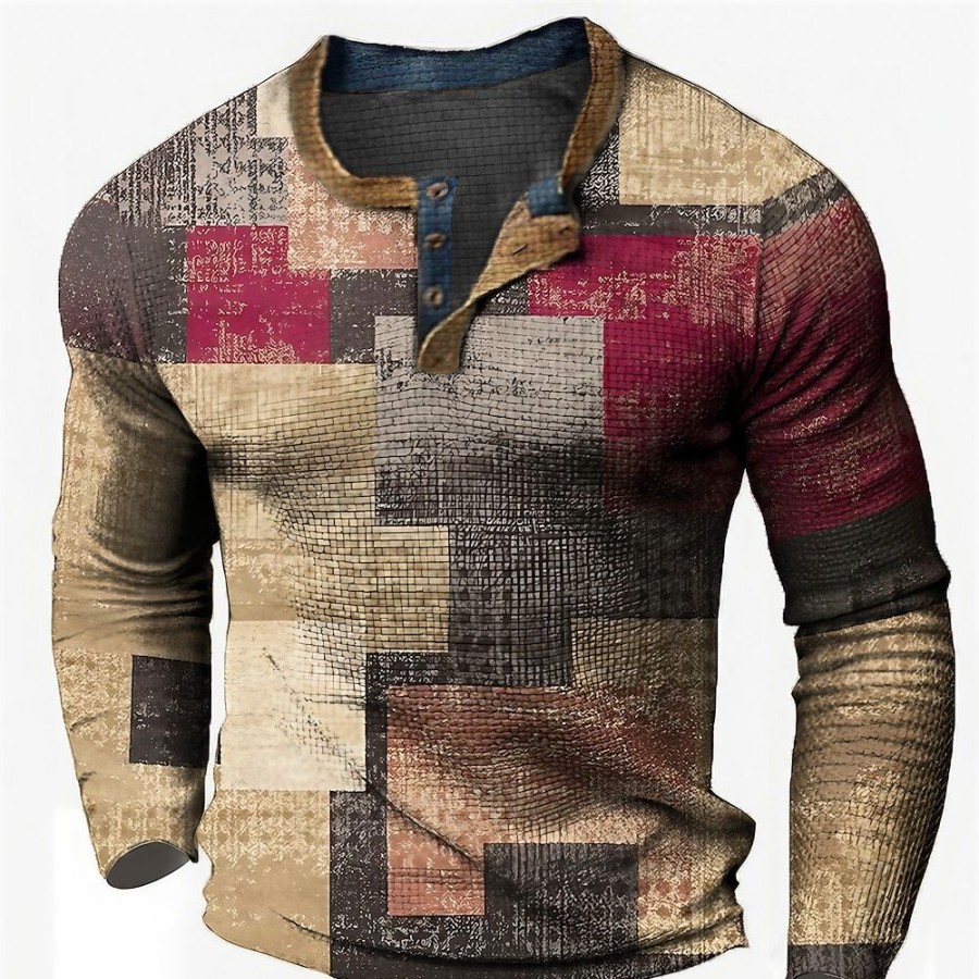 T-Shirts Et Debardeurs Pour Hommes LITB | Graphic Mosaique Colore Mode Design Decontractees Homme 3D Effet Chemise Henley Shirt T-Shirt Gaufre Sport Exterieur Vacances Festival T-Shirt Manche Longue Henley Chemise Printemps