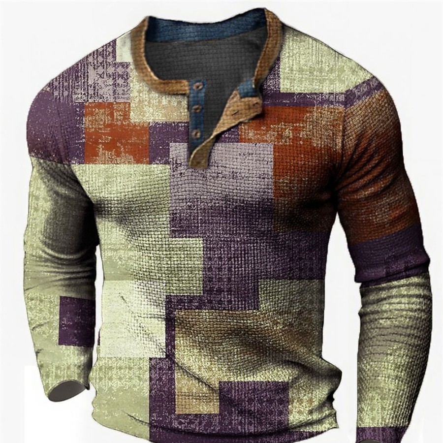 T-Shirts Et Debardeurs Pour Hommes LITB | Graphic Mosaique Colore Mode Design Decontractees Homme 3D Effet Chemise Henley Shirt T-Shirt Gaufre Sport Exterieur Vacances Festival T-Shirt Manche Longue Henley Chemise Printemps