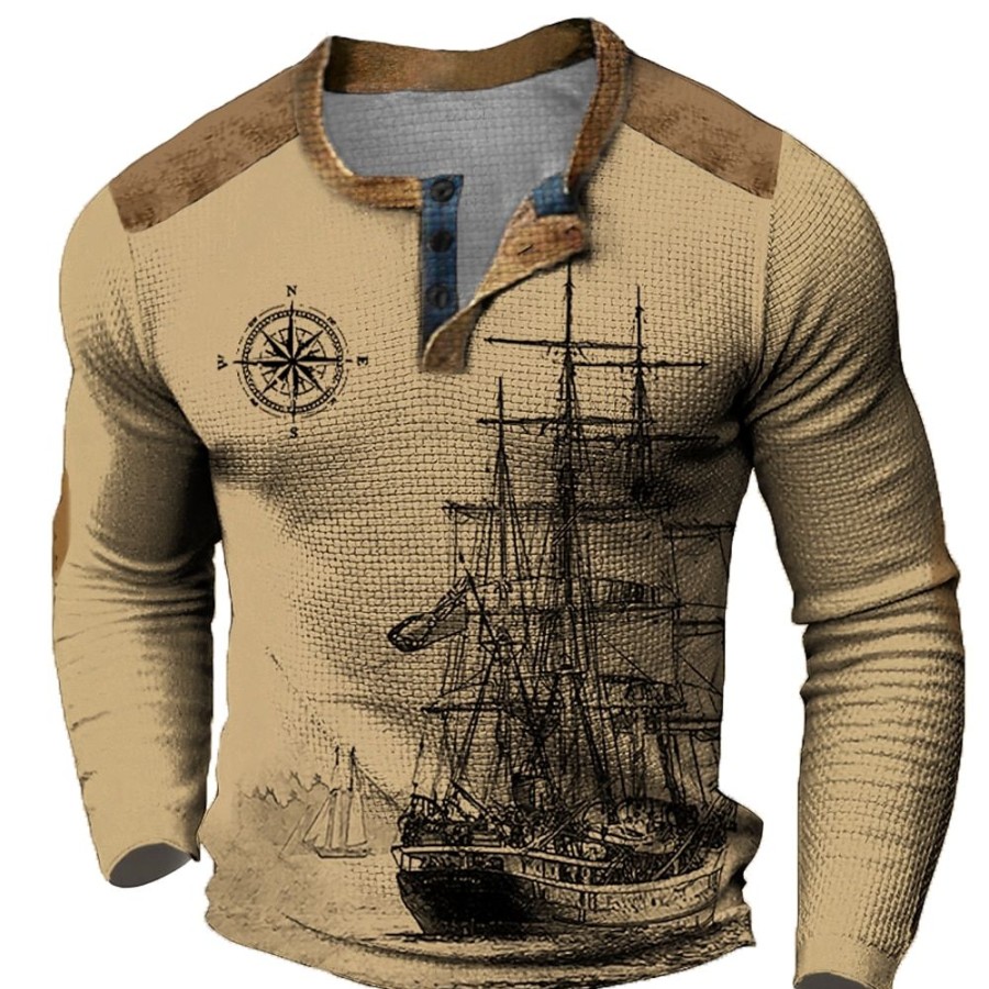 T-Shirts Et Debardeurs Pour Hommes LITB | Bateau Nautique Boussole Design Retro Vintage Decontractees Homme 3D Effet Chemise Henley Shirt T-Shirt Gaufre Sport Exterieur Vacances Festival T-Shirt Clair Manche Longue Henley