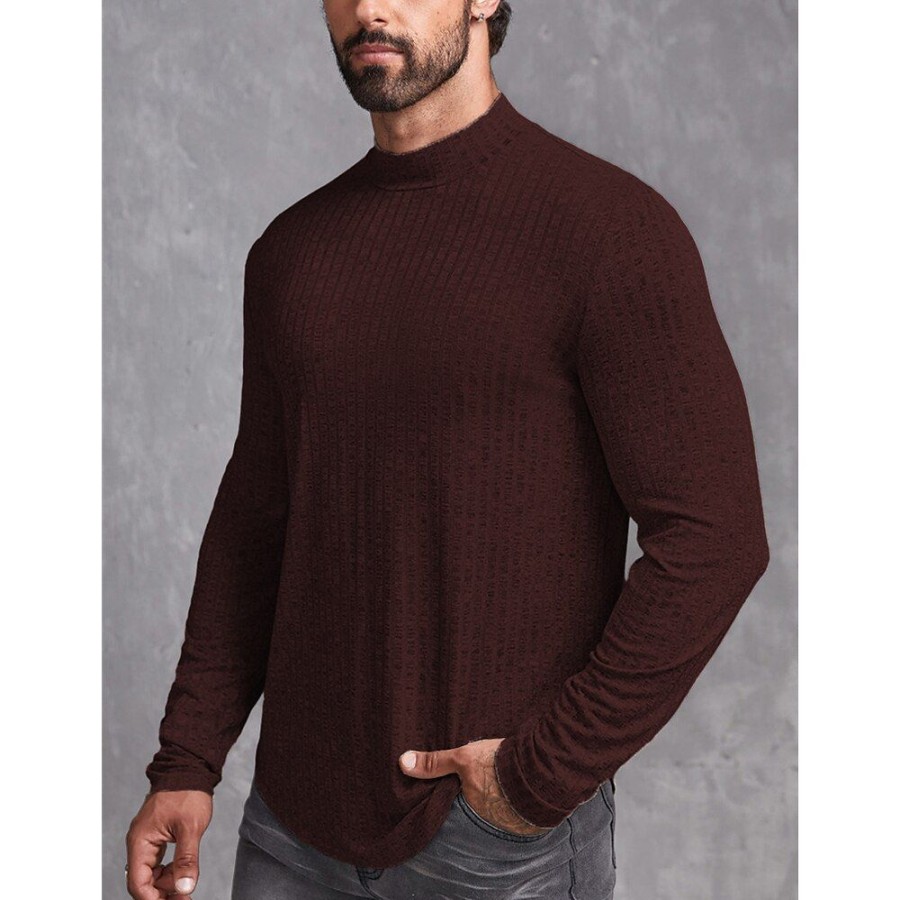 T-Shirts Et Debardeurs Pour Hommes LITB | Homme T Shirt Tee T-Shirt En Tricot T-Shirt Chemise A Manches Longues Plein Bande De Fosse Mao Plein Air Vacances Manche Longue Tricote Vetement Tenue Mode Design Basique Marron