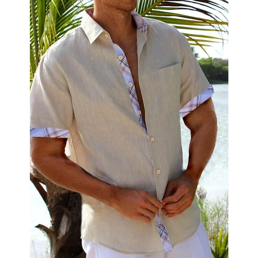 Chemises Pour Hommes LITB | Homme Chemise Lin Chemise Decontractee Chemisette Chemise D Ete Chemise De Plage Manche Courte Plein Revers Printemps Ete Hawaien Vacances Vetement Tenue Poche Avant