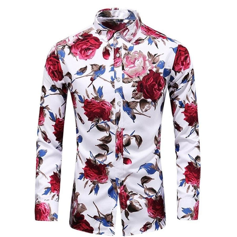 Chemises Pour Hommes LITB | Homme Chemise Floral Col + Blanc Grande Taille Plein Air Du Quotidien Manche Longue Imprimer Vetement Tenue Basique Retro Vintage Design Decontractees