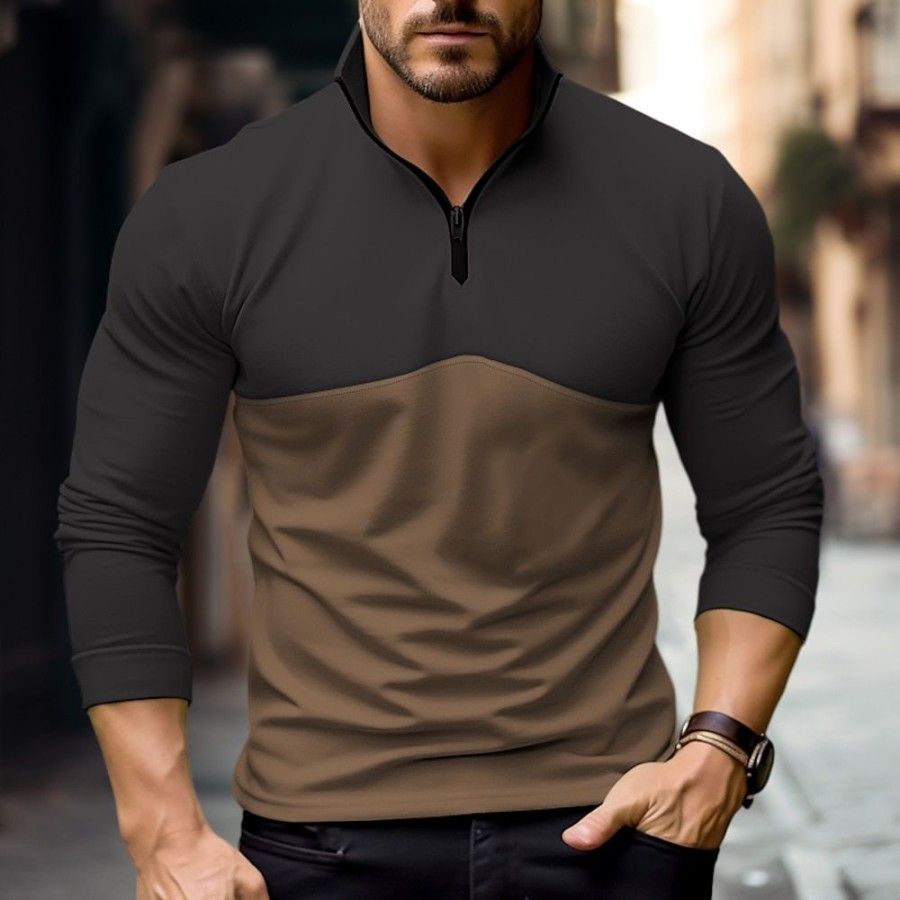 T-Shirts Et Debardeurs Pour Hommes LITB | Homme T Shirt Tee Demi-Chemise Zippee T-Shirt Chemise A Manches Longues Bloc De Couleur Quarter Zip Plein Air Vacances Manche Longue Patchwork Vetement Tenue Mode Design Basique