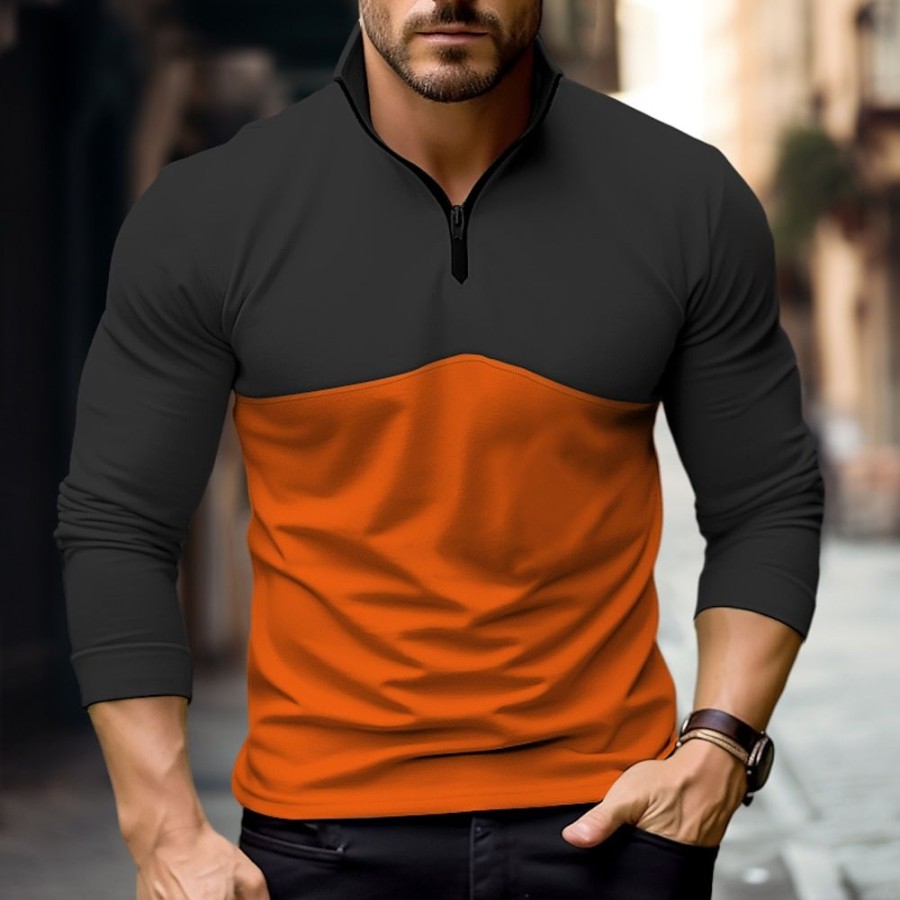 T-Shirts Et Debardeurs Pour Hommes LITB | Homme T Shirt Tee Demi-Chemise Zippee T-Shirt Chemise A Manches Longues Bloc De Couleur Quarter Zip Plein Air Vacances Manche Longue Patchwork Vetement Tenue Mode Design Basique