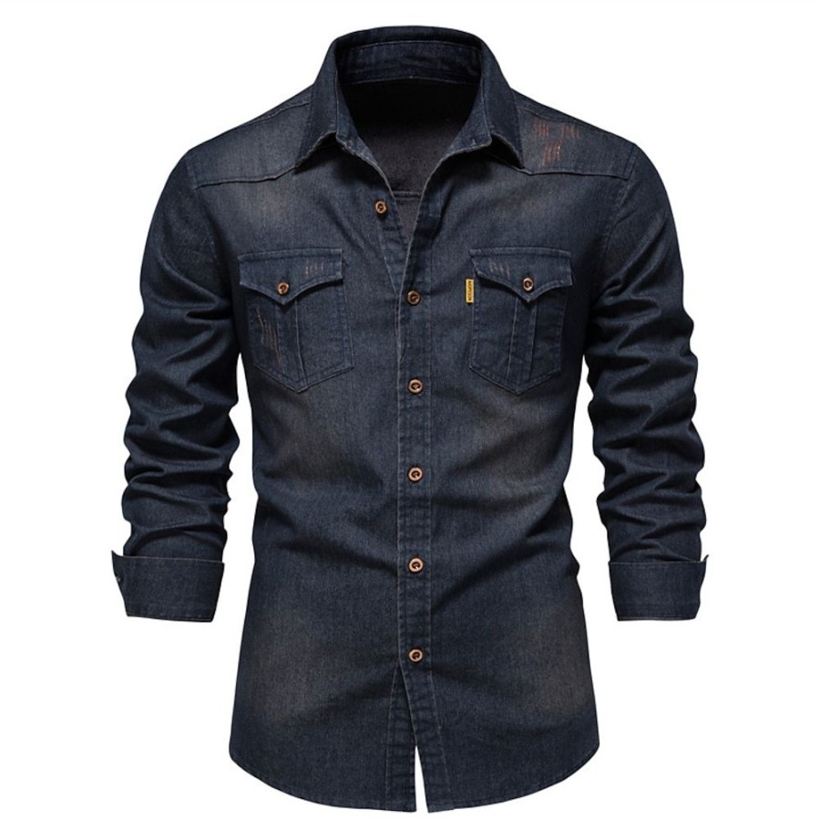 Chemises Pour Hommes LITB | Homme Chemise Chemise En Jean Couleur Unie Col Rabattu Casual Du Quotidien Manche Longue Vetement Tenue Coton Simple