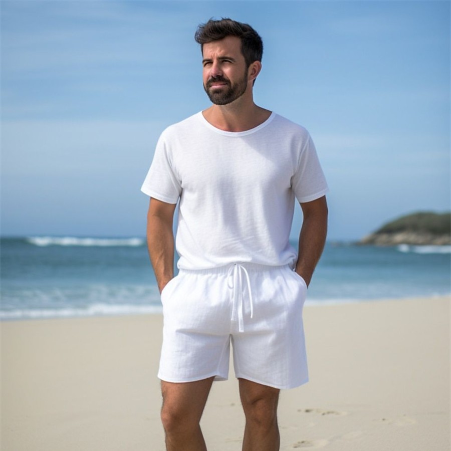 Bas Pour Hommes LITB | Homme Short Short En Lin Short D Ete Cordon Taille Elastique Jambe Droite Plein Confort Respirable Au Dessus Des Genoux Casual Du Quotidien Vacances Melange De Lin & Coton Mode Style Classique Blanche