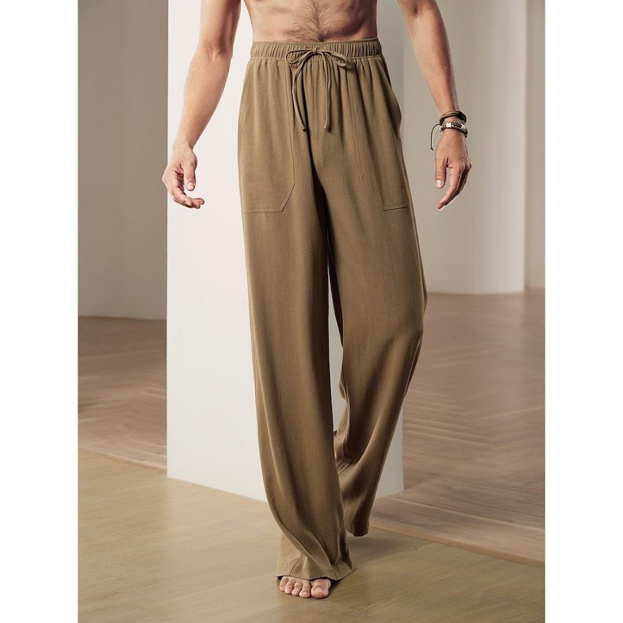 Bas Pour Hommes LITB | 40% Lin Homme Pantalon En Lin Pantalon Bouffant Pantalon De Plage Conception De Cordon Elastique Poche Avant Couleur Unie Confort Doux Yoga Du Quotidien Mode Vetement De Rue