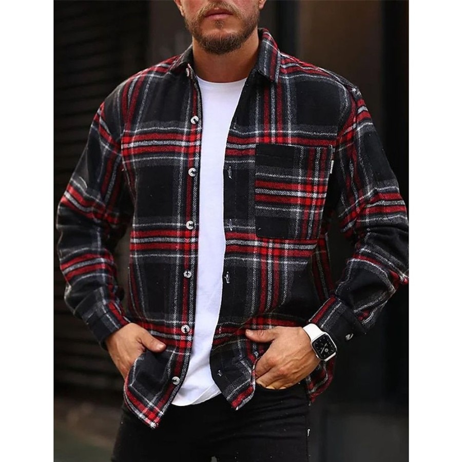 Chemises Pour Hommes LITB | Homme Chemise Chemise Boutonnee Chemise Flanelle Chemise Carreaux Surchemise Veste Manche Longue Tartan Revers Printemps & Automne Exterieur Usage Quotidien Vetement Tenue Poche Avant Noir