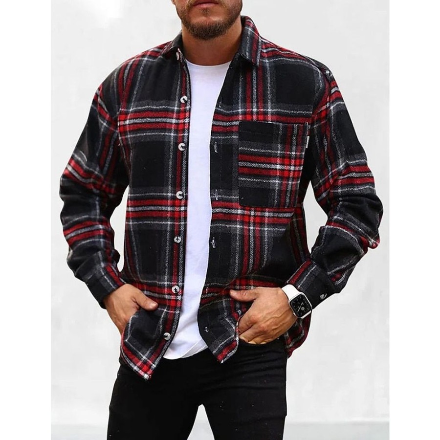 Chemises Pour Hommes LITB | Homme Chemise Chemise Boutonnee Chemise Flanelle Chemise Carreaux Surchemise Veste Manche Longue Tartan Revers Printemps & Automne Exterieur Usage Quotidien Vetement Tenue Poche Avant Noir