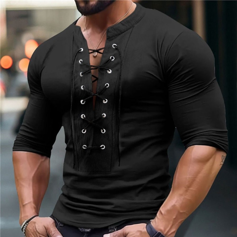 T-Shirts Et Debardeurs Pour Hommes LITB | Homme Chemise Henley Shirt T-Shirt Chemise A Manches Longues Plein Henley Plein Air Vacances Manche Longue Lacet Vetement Tenue Mode Design Basique