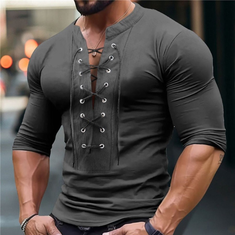 T-Shirts Et Debardeurs Pour Hommes LITB | Homme Chemise Henley Shirt T-Shirt Chemise A Manches Longues Plein Henley Plein Air Vacances Manche Longue Lacet Vetement Tenue Mode Design Basique