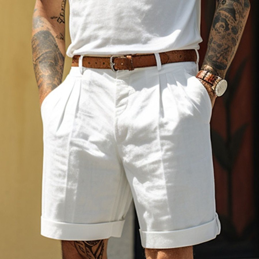 Bas Pour Hommes LITB | Homme Short Short En Lin Short D Ete Short Plisse Poche Pli Jambe Droite Plein Confort Respirable Court Casual Du Quotidien Vacances Melange De Lin & Coton Mode Design Blanche