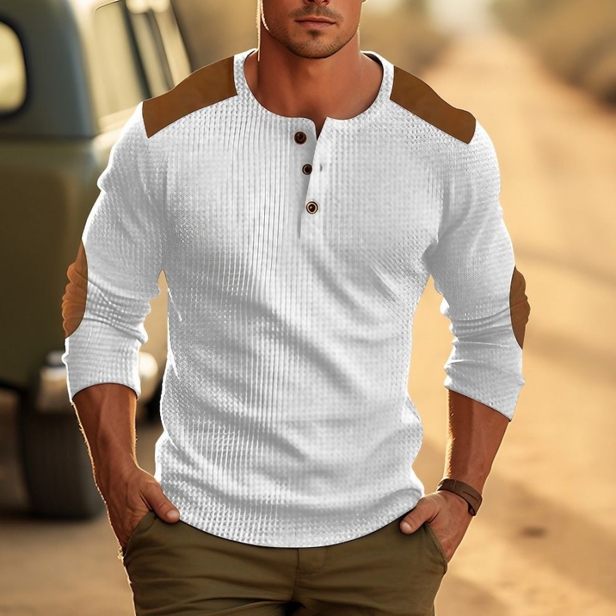 T-Shirts Et Debardeurs Pour Hommes LITB | Homme T Shirt Tee Chemise Gaufree Chemise Henley Shirt T-Shirt Chemise A Manches Longues Bloc De Couleur Henley Plein Air Vacances Manche Longue Patchwork Vetement Tenue Mode Design Basique