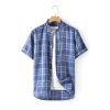 Boutique De Linge LITB | Homme Chemise Chemise Lin Chemise Decontractee Chemisette Chemise D Ete Manche Courte Tartan Revers Ete Casual Du Quotidien Vetement Tenue Bleu