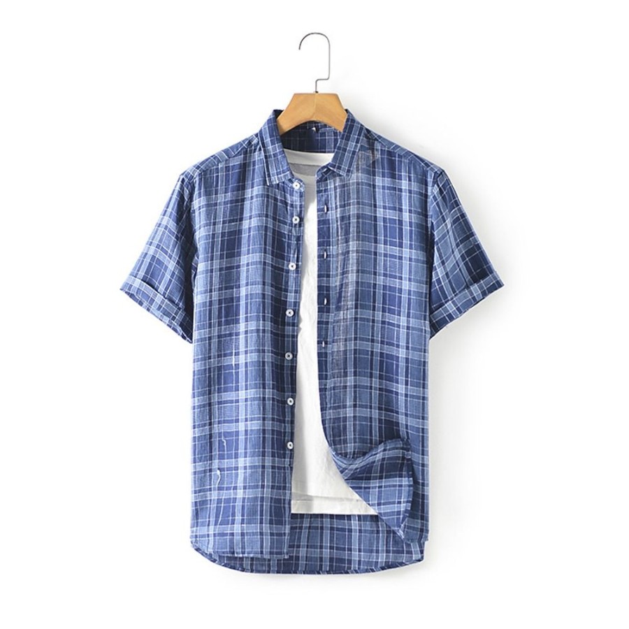 Boutique De Linge LITB | Homme Chemise Chemise Lin Chemise Decontractee Chemisette Chemise D Ete Manche Courte Tartan Revers Ete Casual Du Quotidien Vetement Tenue Bleu