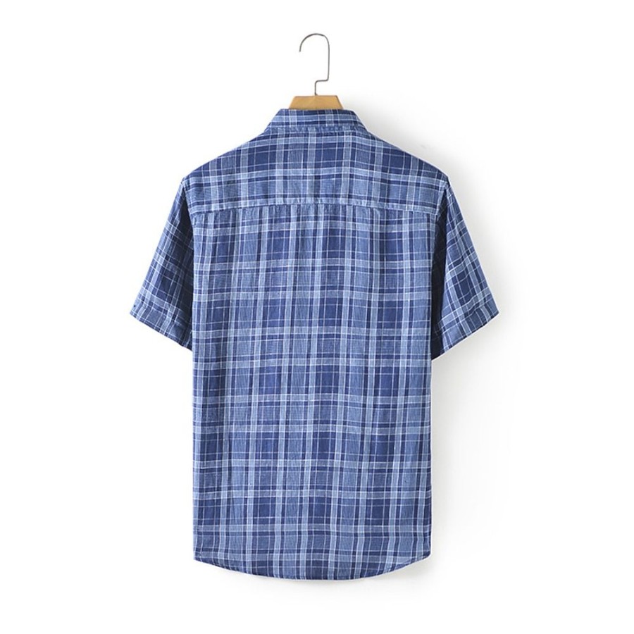 Boutique De Linge LITB | Homme Chemise Chemise Lin Chemise Decontractee Chemisette Chemise D Ete Manche Courte Tartan Revers Ete Casual Du Quotidien Vetement Tenue Bleu