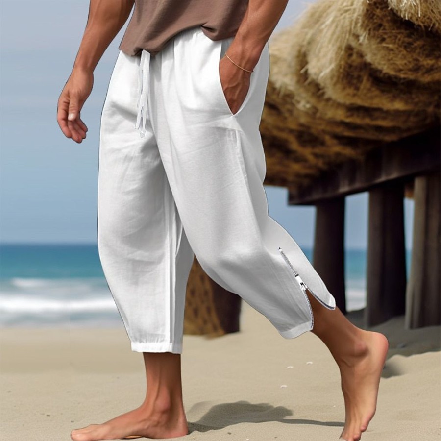 Bas Pour Hommes LITB | Homme Pantalon En Lin Pantalon Ete Pantalon De Plage Cordon Taille Elastique Jambe Zippee Plein Confort Respirable Casual Du Quotidien Vacances Melange De Lin & Coton Mode Style Classique