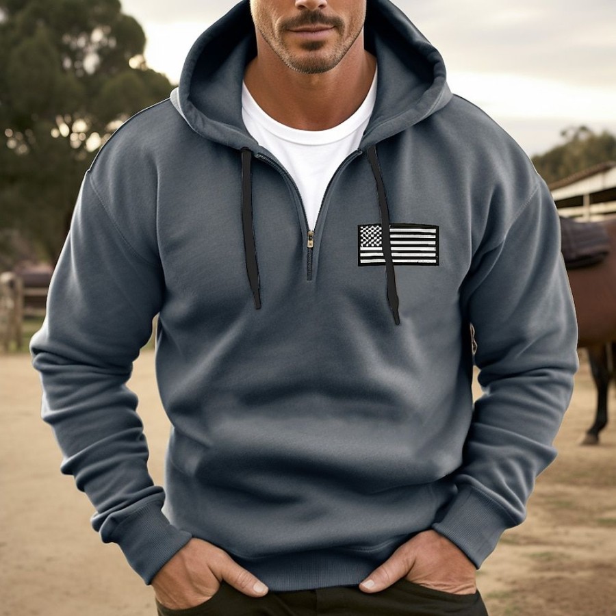 Sweats A Capuche Et Sweat-Shirts LITB | Homme Sweat A Capuche Sweat A Capuche Quart Zippe Capuche Drapeau National Zippe Sport & Loisir Du Quotidien Vacances Vetement De Rue Frais Decontractees Printemps & Automne