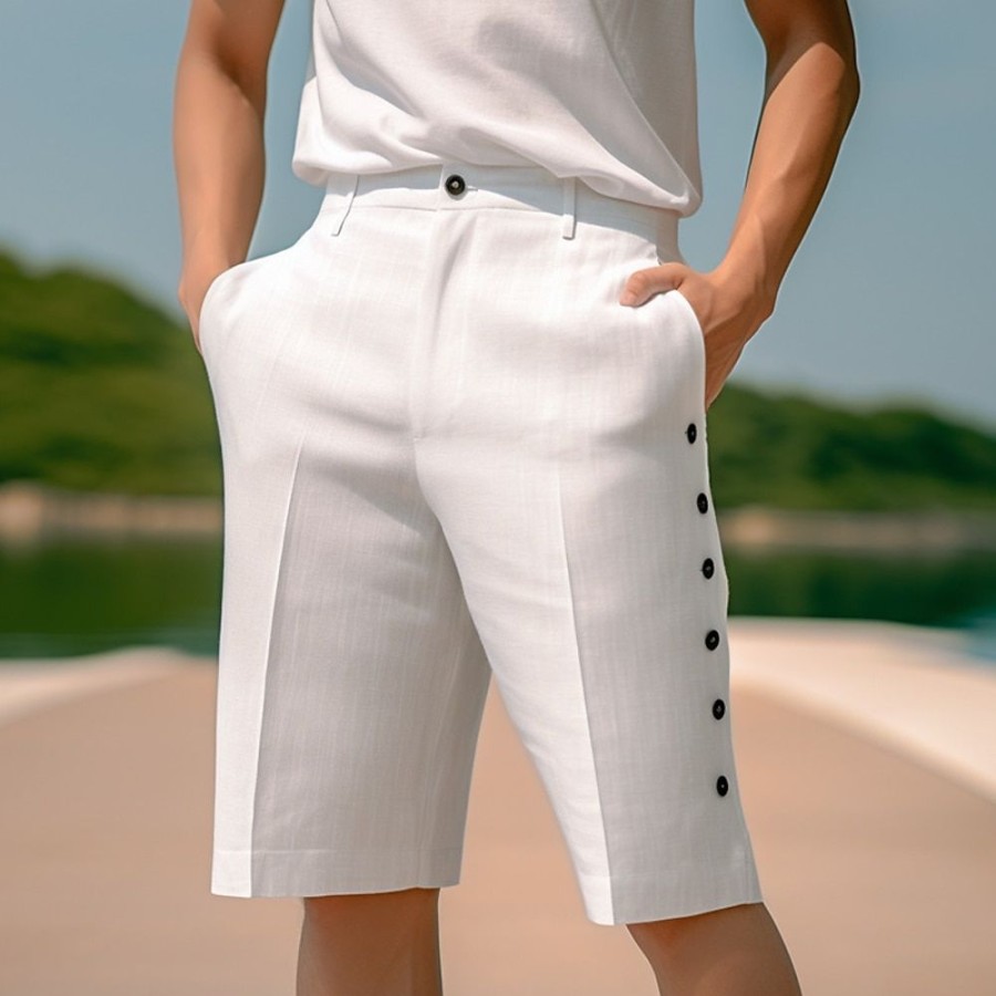 Bas Pour Hommes LITB | Homme Short Short En Lin Short D Ete Poche Bouton Lateral Jambe Droite Plein Confort Respirable Court Casual Du Quotidien Vacances Melange De Lin & Coton Mode Design Blanche