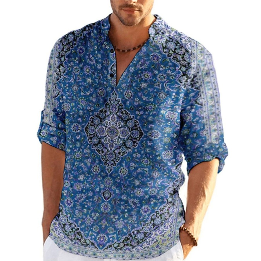 Boutique De Linge LITB | Homme Chemise Chemise Lin Floral Imprimes Photos Mao Exterieur Plein Air Manche Longue Imprimer Vetement Tenue Lin Mode Vetement De Rue Design Decontractees