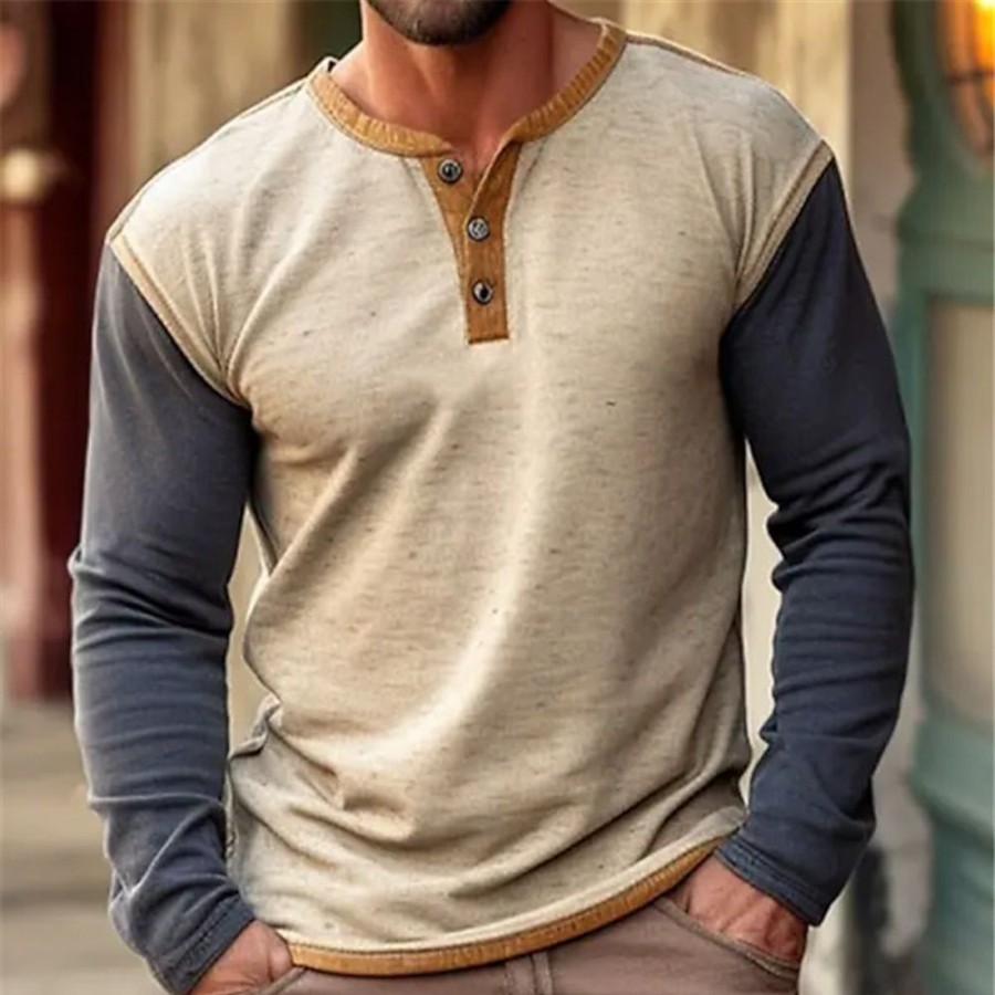 T-Shirts Et Debardeurs Pour Hommes LITB | Homme T Shirt Tee Chemise Henley Shirt T-Shirt Chemise A Manches Longues Bloc De Couleur Henley Plein Air Vacances Manche Longue Patchwork Vetement Tenue Mode Design Basique Kaki