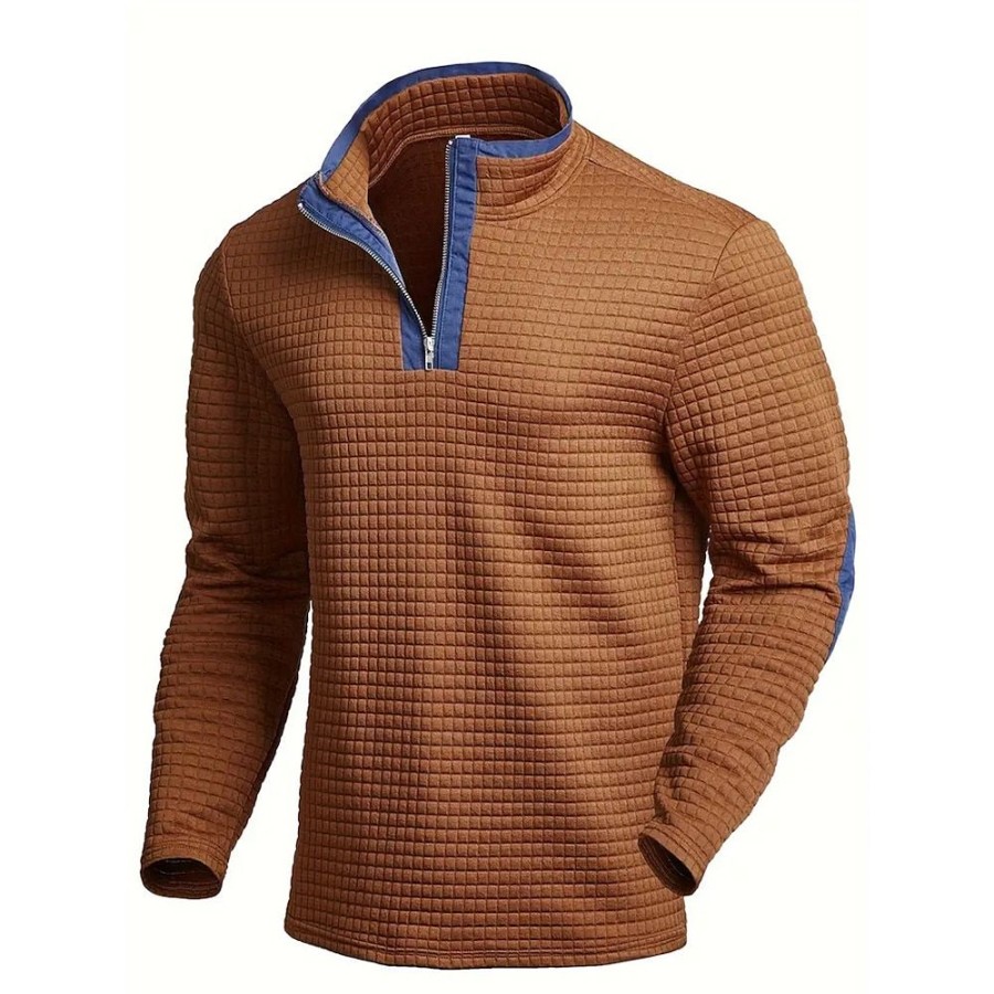 T-Shirts Et Debardeurs Pour Hommes LITB | Homme T Shirt Tee T-Shirt En Tricot Gaufre T-Shirt Chemise A Manches Longues Bloc De Couleur Quarter Zip Plein Air Vacances Manche Longue Patchwork Vetement Tenue Mode Design Basique Marron