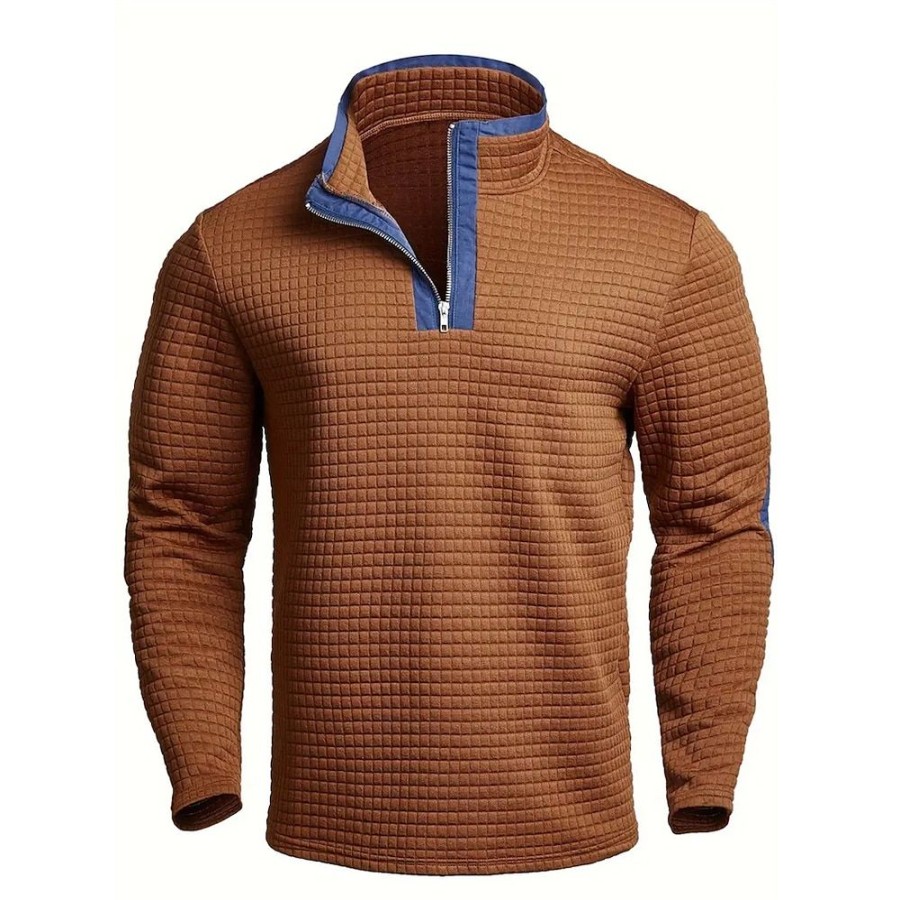 T-Shirts Et Debardeurs Pour Hommes LITB | Homme T Shirt Tee T-Shirt En Tricot Gaufre T-Shirt Chemise A Manches Longues Bloc De Couleur Quarter Zip Plein Air Vacances Manche Longue Patchwork Vetement Tenue Mode Design Basique Marron