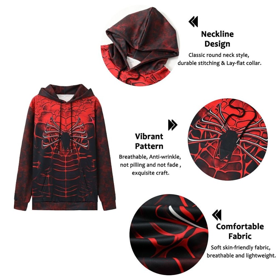 Sweats A Capuche Et Sweat-Shirts LITB | Araignee D Halloween : No Way Home Sweat A Capuche Graphique Pour Hommes Araignees Web Mode Quotidienne Basique Impression 3D Pull Sport Vacances En Plein Air Sweats A Capuche #3 Capuche Poche Avant Araignee Coton Rouge