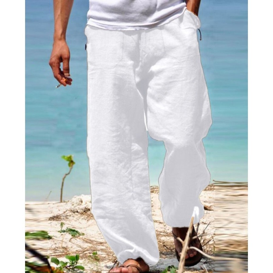 Bas Pour Hommes LITB | Homme Pantalon En Lin Pantalon Pantalon Ete Pantalon De Plage Cordon Taille Elastique Jambe Droite Plein Confort Du Quotidien Yoga Melange De Lin & Coton Mode Vetement De Rue Marine