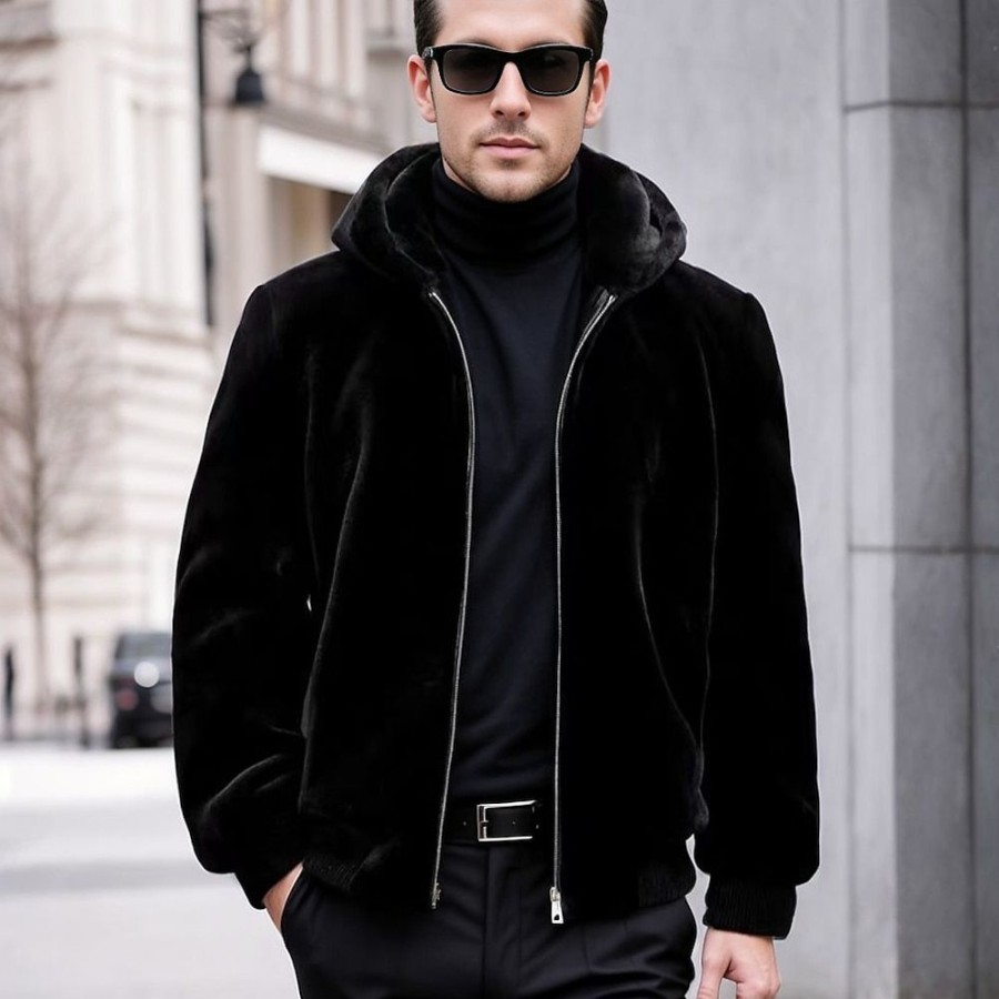 Vetements D'Exterieur Pour Hommes LITB | Homme Manteau De Fausse Fourrure Veste A Capuche Exterieur Usage Quotidien Chaud Poche Hiver Plein Mode Vetement De Rue Capuche Normal Veste Noir