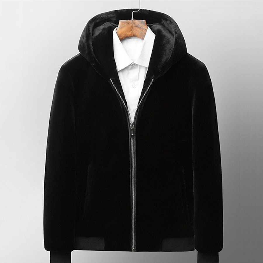 Vetements D'Exterieur Pour Hommes LITB | Homme Manteau De Fausse Fourrure Veste A Capuche Exterieur Usage Quotidien Chaud Poche Hiver Plein Mode Vetement De Rue Capuche Normal Veste Noir