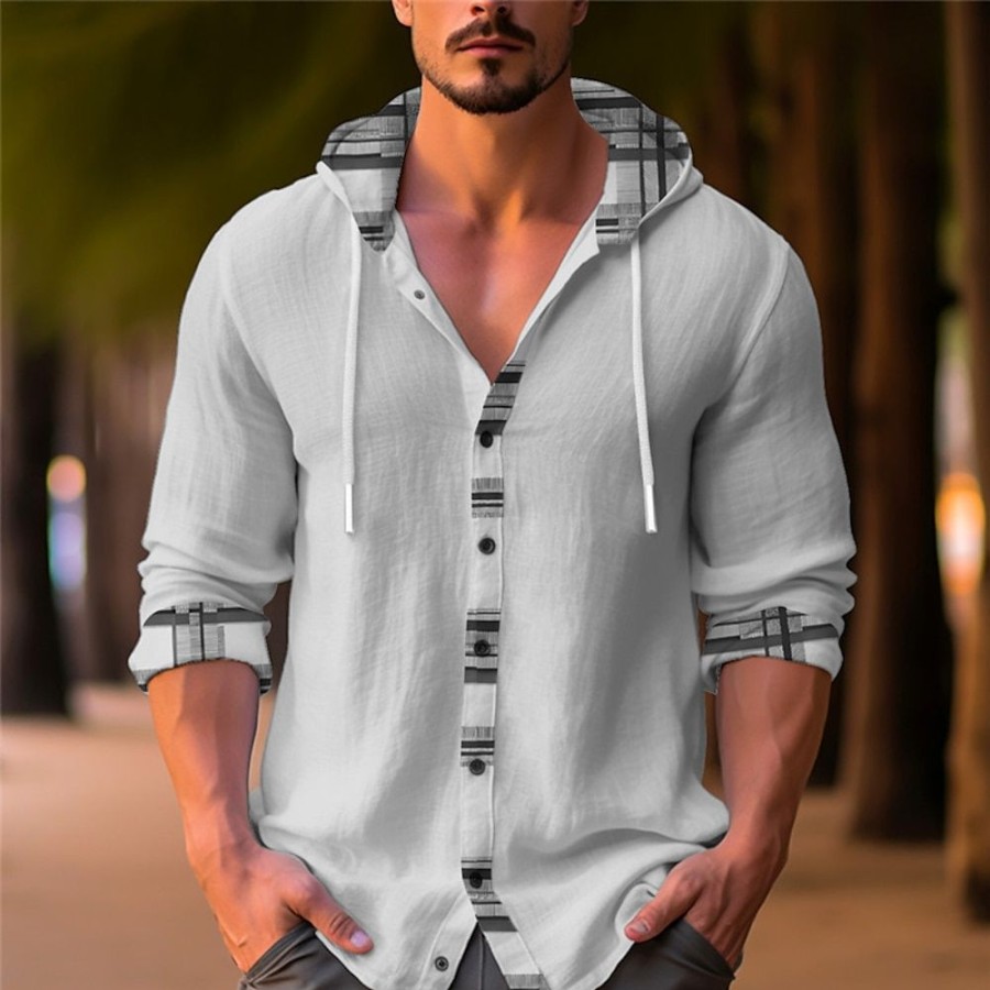 Boutique De Linge LITB | Chemise En Lin A Rayures Geometriques Pour Hommes, Decontractee, Pour L Exterieur, La Rue, Quotidienne, Automne& Sweat A Capuche D Hiver A Manches Longues S M L Chemise En Lin