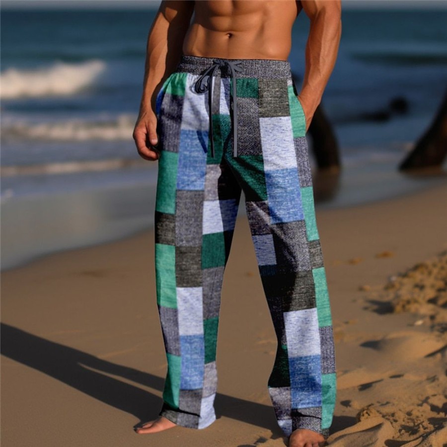 Bas Pour Hommes LITB | Homme Pantalon Pantalon Ete Pantalon De Plage Cordon Taille Elastique Impression 3D Bloc De Couleur Formes Geometriques Imprimes Photos Confort Casual Du Quotidien Vacances Vetement De Rue Hawaien