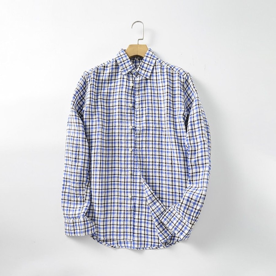 Chemises Pour Hommes LITB | Homme Chemise Chemise Lin Chemise Decontractee Manche Longue Plaid Revers Printemps & Automne Casual Du Quotidien Vetement Tenue Bouton Bleu