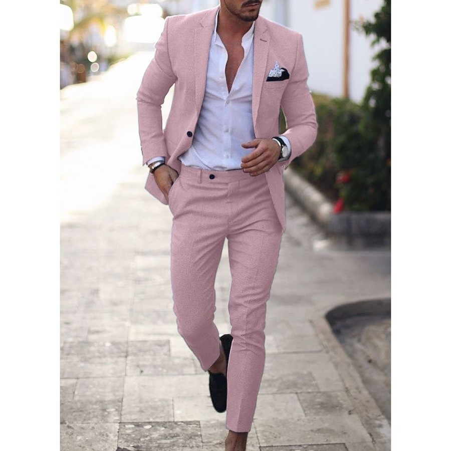 Boutique De Linge LITB | Costumes De Lin Pour Hommes Roses Costumes De Mariage De Plage D Ete 2 Pieces Couleur Unie Coupe Ajustee Simple Boutonnage Deux Boutons 2023 Rose Claire