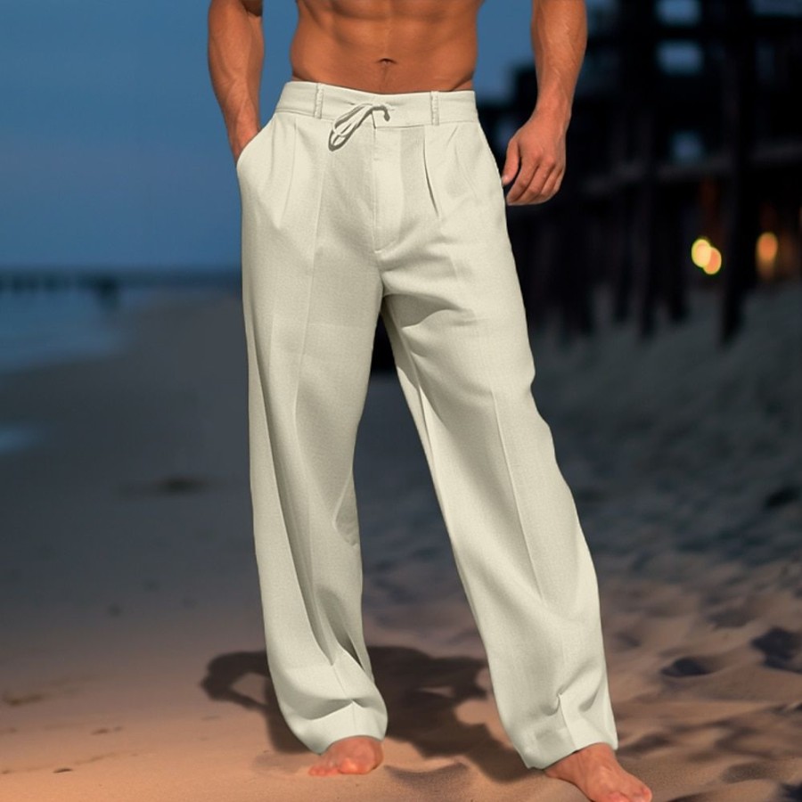 Boutique De Linge LITB | Homme Pantalon En Lin Pantalon Pantalon Ete Pantalon De Plage Cordon Taille Elastique Pli Plein Confort Respirable Casual Du Quotidien Vacances Melange De Lin & Coton Mode Style Classique