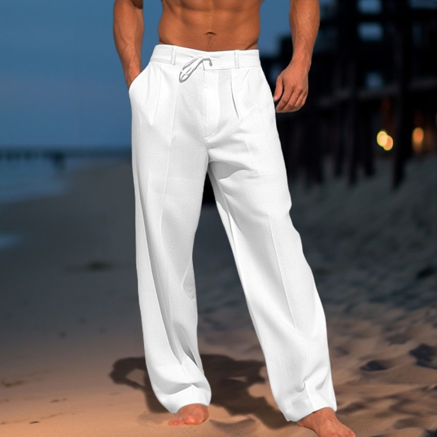 Boutique De Linge LITB | Homme Pantalon En Lin Pantalon Pantalon Ete Pantalon De Plage Cordon Taille Elastique Pli Plein Confort Respirable Casual Du Quotidien Vacances Melange De Lin & Coton Mode Style Classique