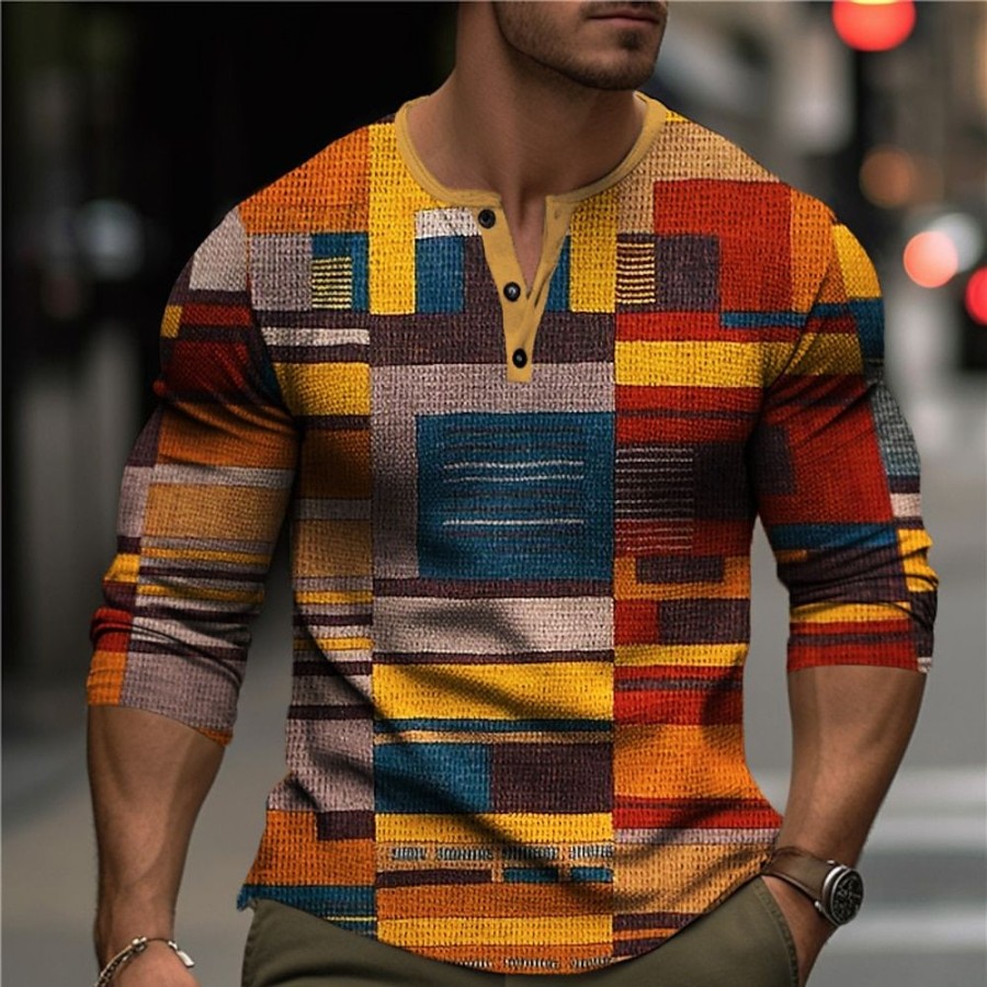 T-Shirts Et Debardeurs Pour Hommes LITB | Graphic Bloc De Couleur Geometrique Mode Design Decontractees Homme 3D Effet Chemise Henley Shirt T-Shirt Gaufre Sport Exterieur Vacances Festival T-Shirt Manche Longue Henley