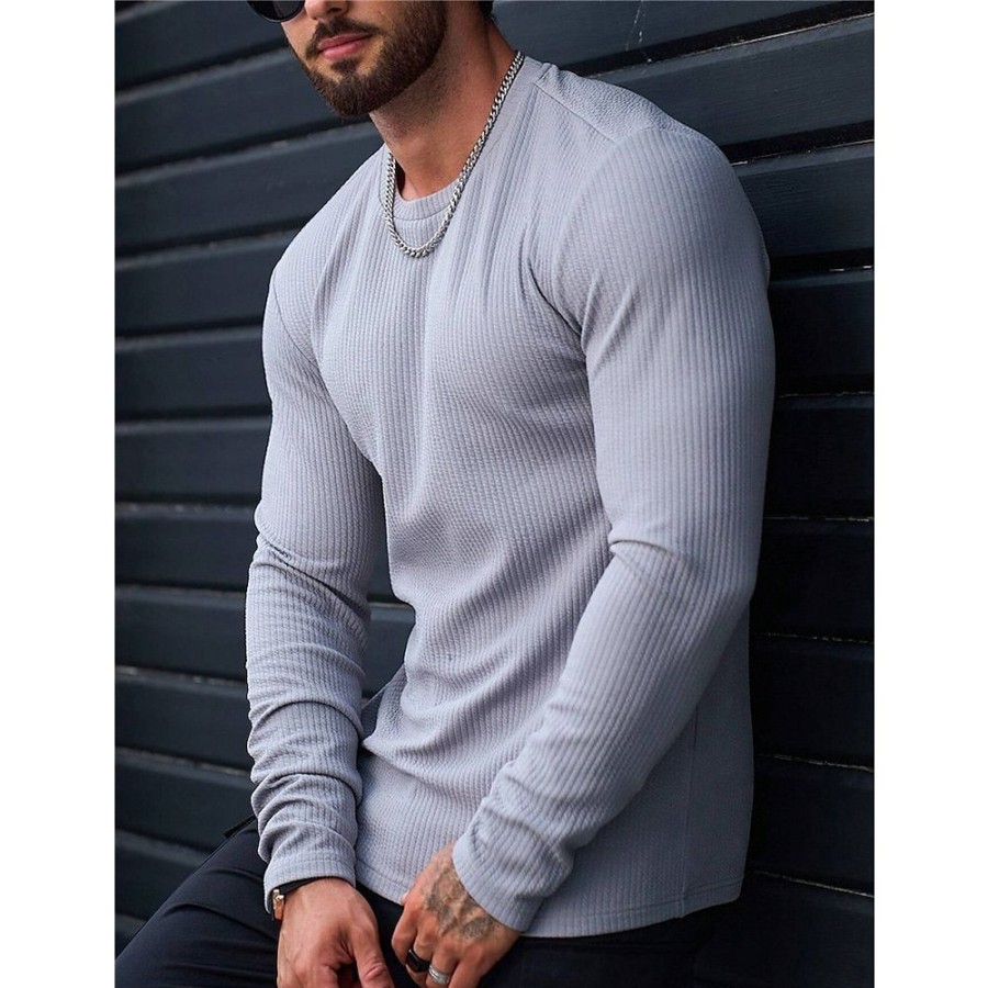 T-Shirts Et Debardeurs Pour Hommes LITB | Homme T Shirt Tee T-Shirt En Tricot T-Shirt Chemise A Manches Longues Plein Col Ras Du Cou Plein Air Vacances Manche Longue Vetement Tenue Mode Design Basique Gris