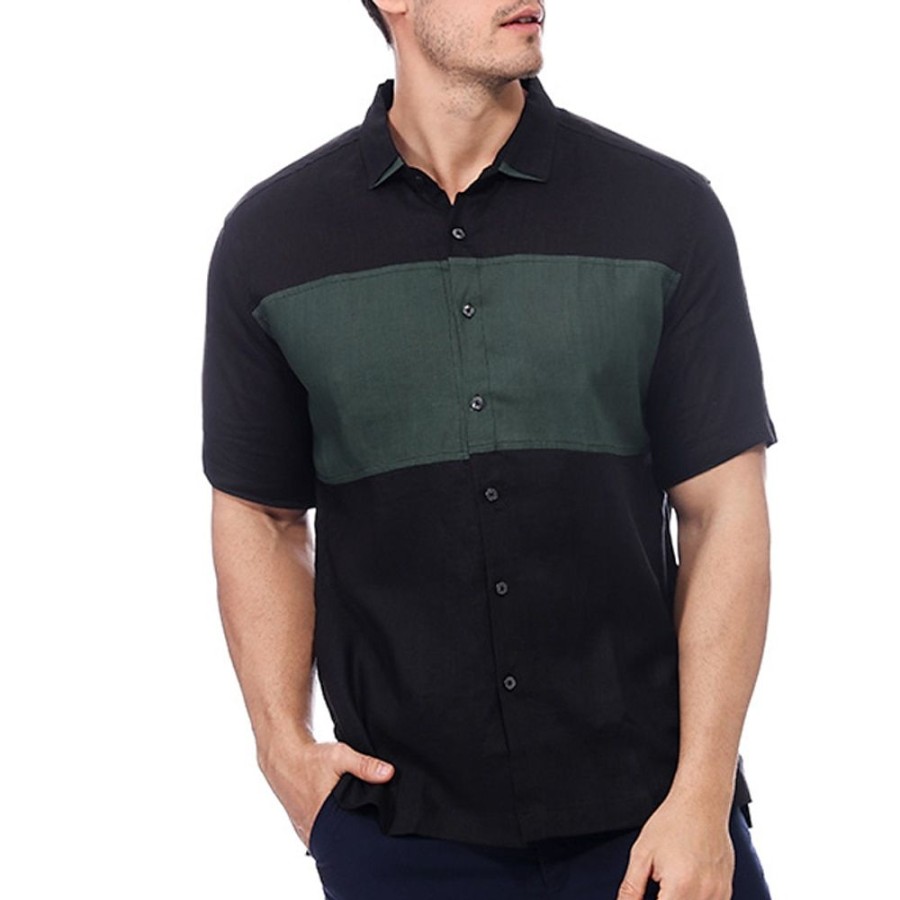 Boutique De Linge LITB | 100% Lin Homme Chemise Chemise Lin Chemise Decontractee Chemisette Chemise D Ete Manche Courte Bloc De Couleur Revers Ete Casual Du Quotidien Vetement Tenue Noir