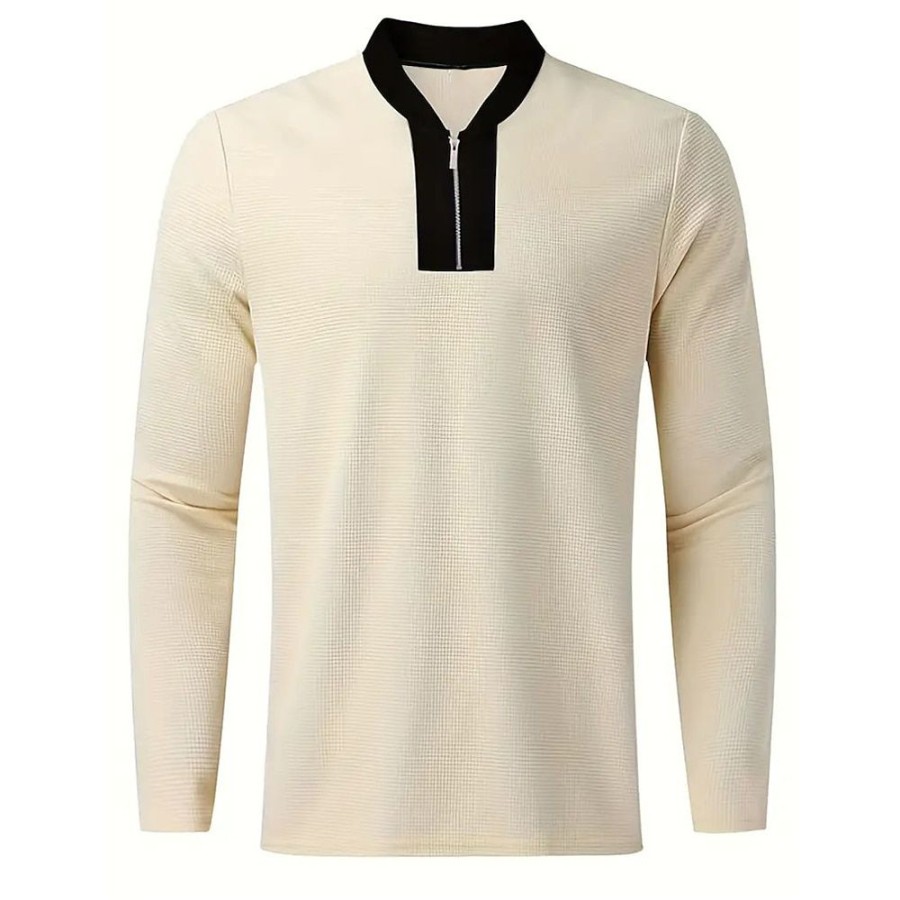 T-Shirts Et Debardeurs Pour Hommes LITB | Homme T Shirt Tee T-Shirt En Tricot Gaufre Demi-Chemise Zippee T-Shirt Chemise A Manches Longues Bloc De Couleur Quarter Zip Plein Air Vacances Manche Longue Vetement Tenue Mode Design Basique